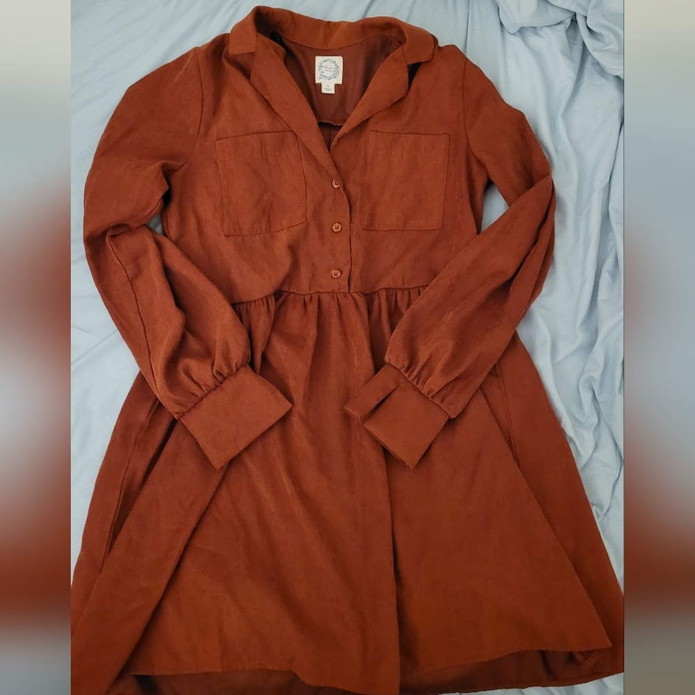 Suede Long Sleeved Collared Shirt Dress